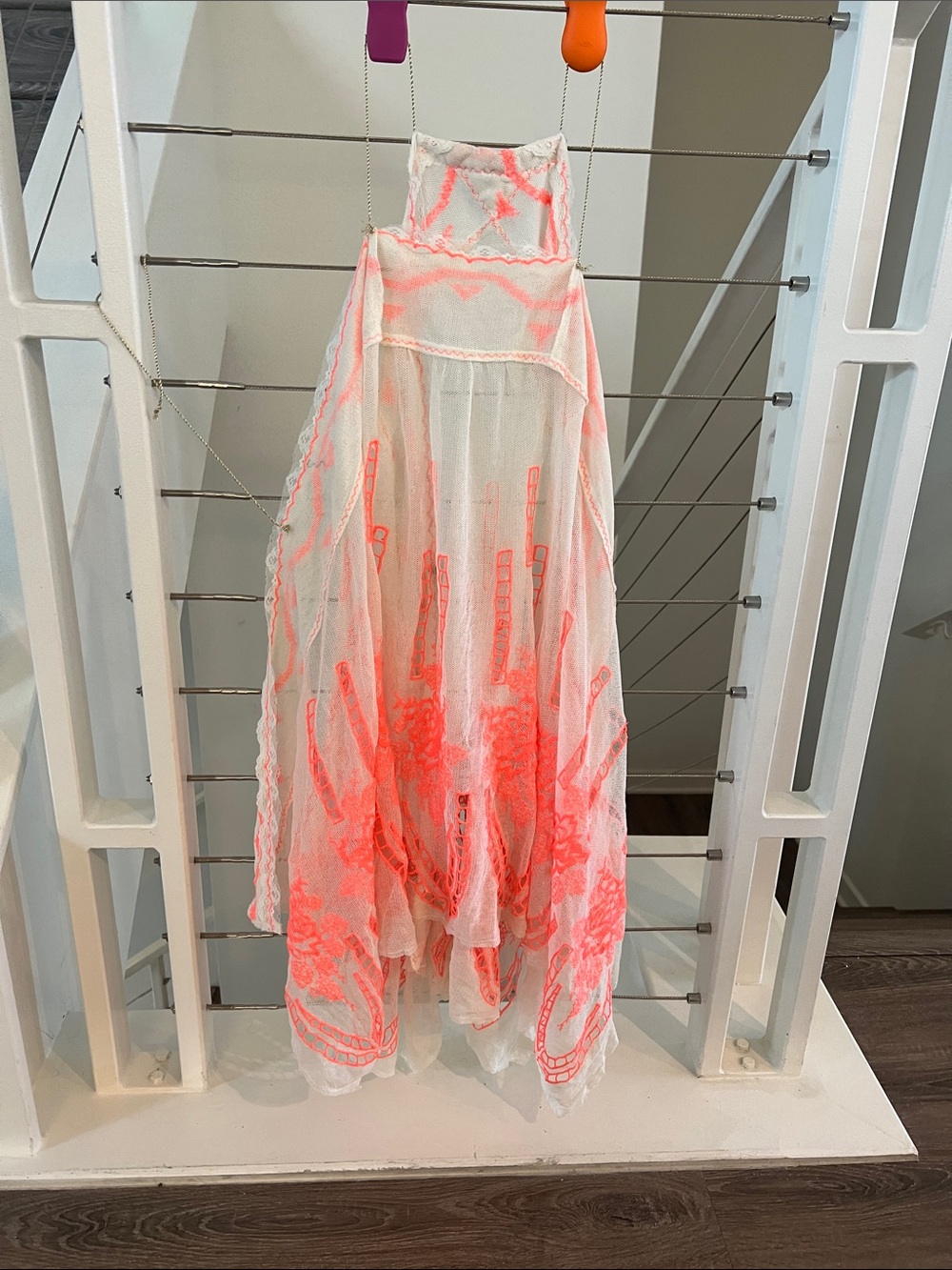 Free People White Sheer Swim Coverup with Neon Coral Embroidery